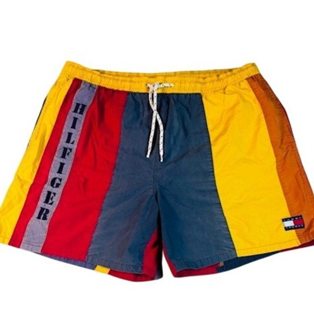 Tommy Hilfiger Swim‎ Trunks Mens M Colorblock Vintage 90s Red Yellow Navy Blue